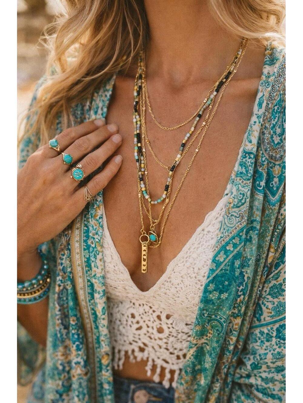 NWT Henna Evil Eye Moon Phases Layered Necklace Gold Multi Strand Boho